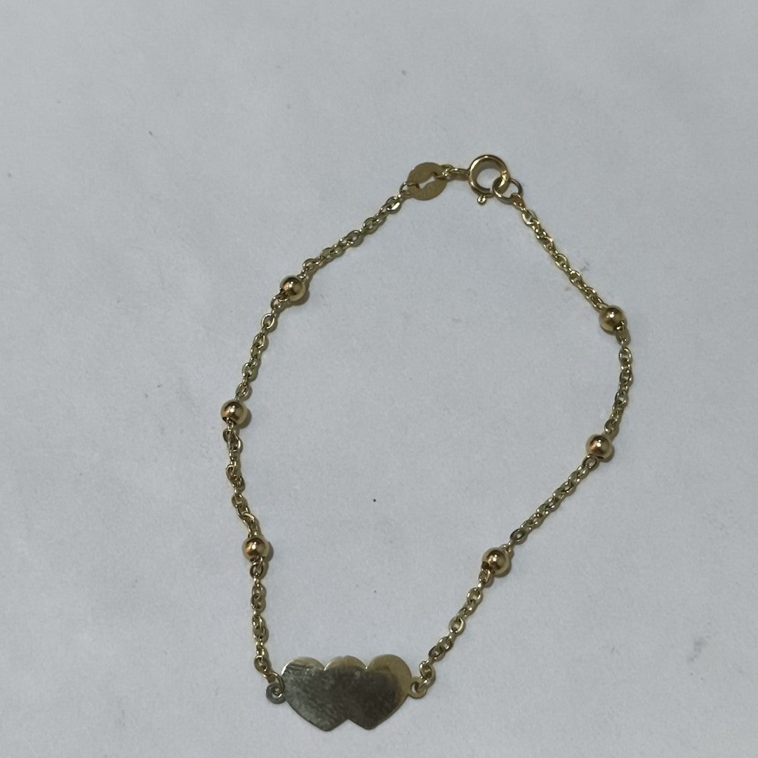 PULSERA TEJIDO ESPECIAL CON DOS CORAZONES 14K 18 CM 1.7 GR (NUEVO)