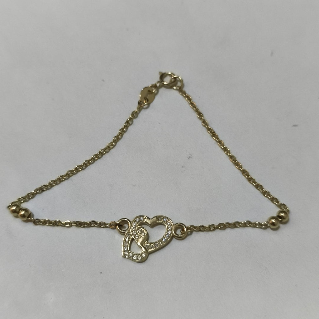 PULSERA TEJIDO ESPECIAL CORAZONES CON CIRCONIAS 14K 18 CM 2.4 GR (NUEVO)