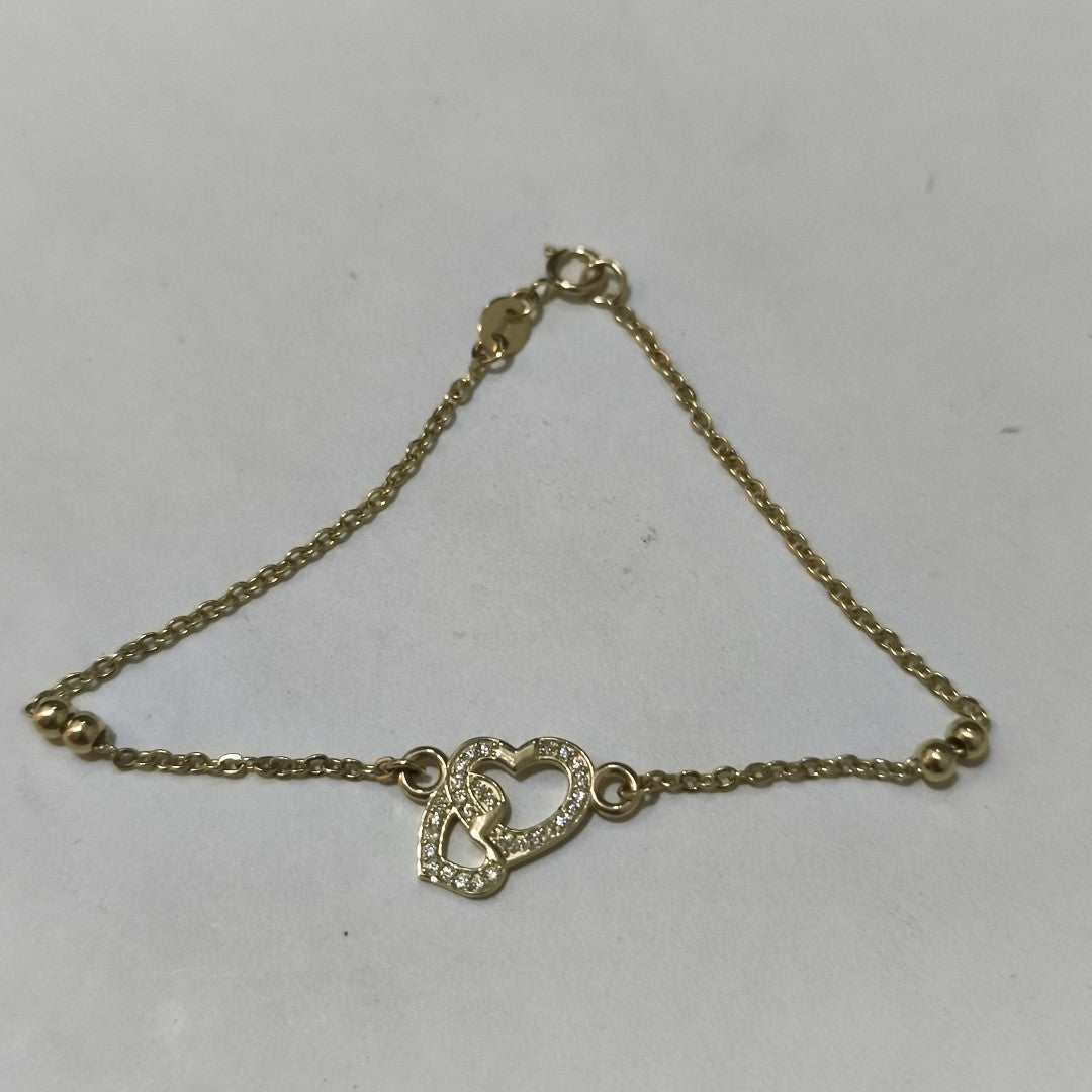 PULSERA TEJIDO ESPECIAL CORAZONES CON CIRCONIAS 14K 18 CM 2.4 GR (NUEVO)