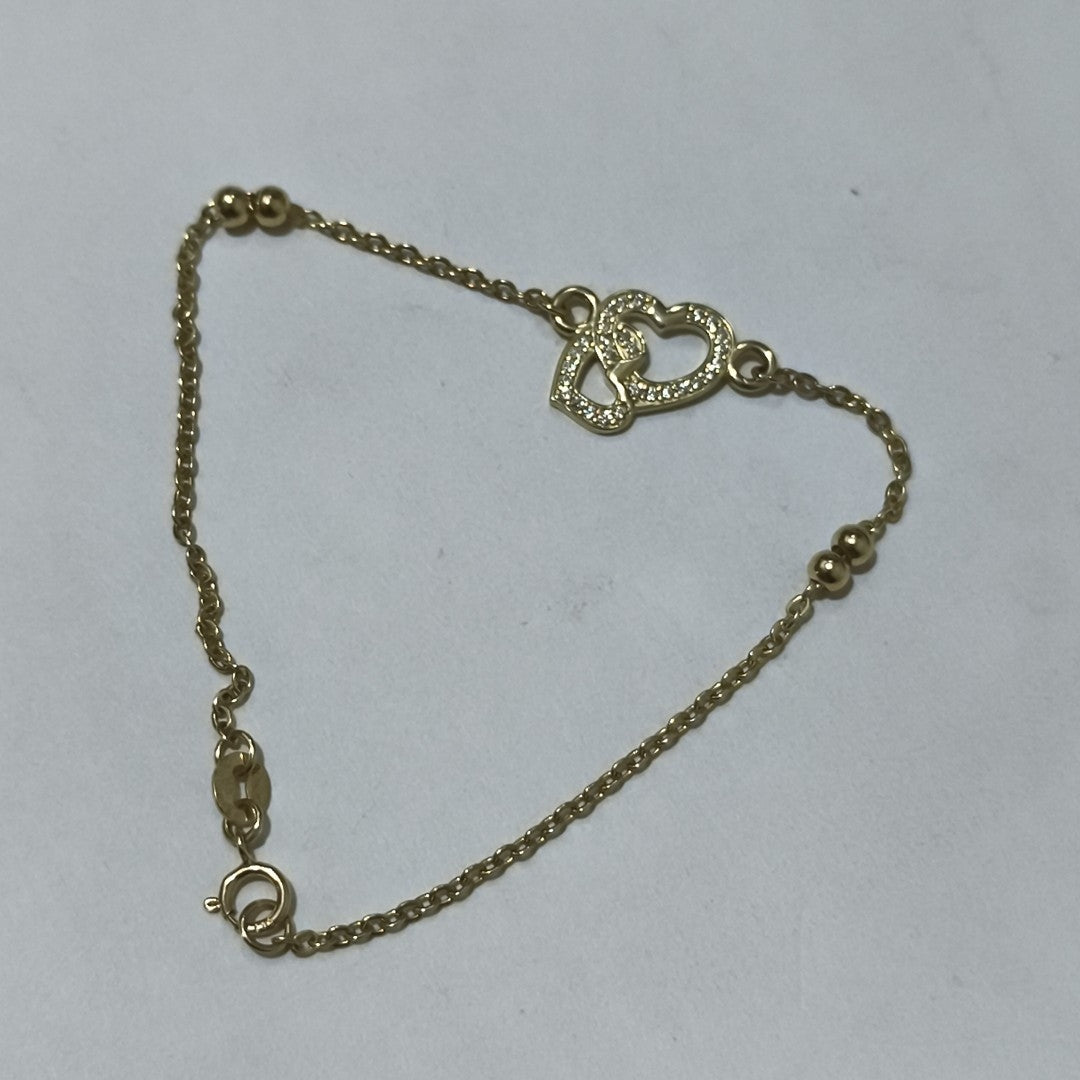 PULSERA TEJIDO ESPECIAL CORAZONES CON CIRCONIAS 14K 18 CM 2.4 GR (NUEVO)