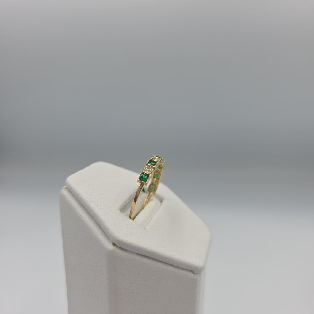 ANILLOS TEJIDO ANILLITO C CIRCONIAS Y PIEDRAS VERDES 14K 8.5 1.5 GR (NUEVO)
