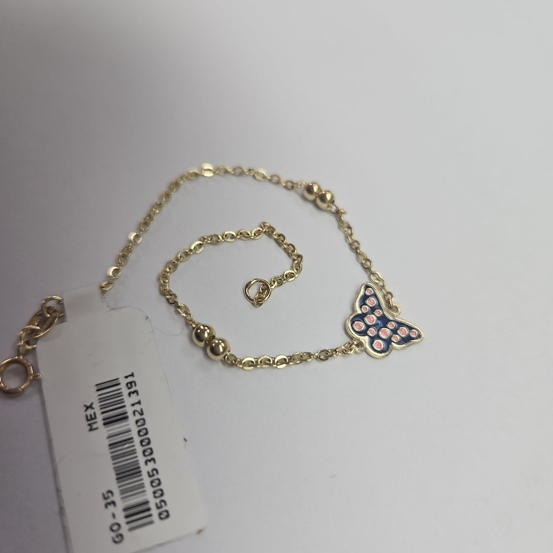 PULSERA TEJIDO ESPECIAL MARIPOSA CON ESMALTE 14K 18 CM 1.8 GR (NUEVO)