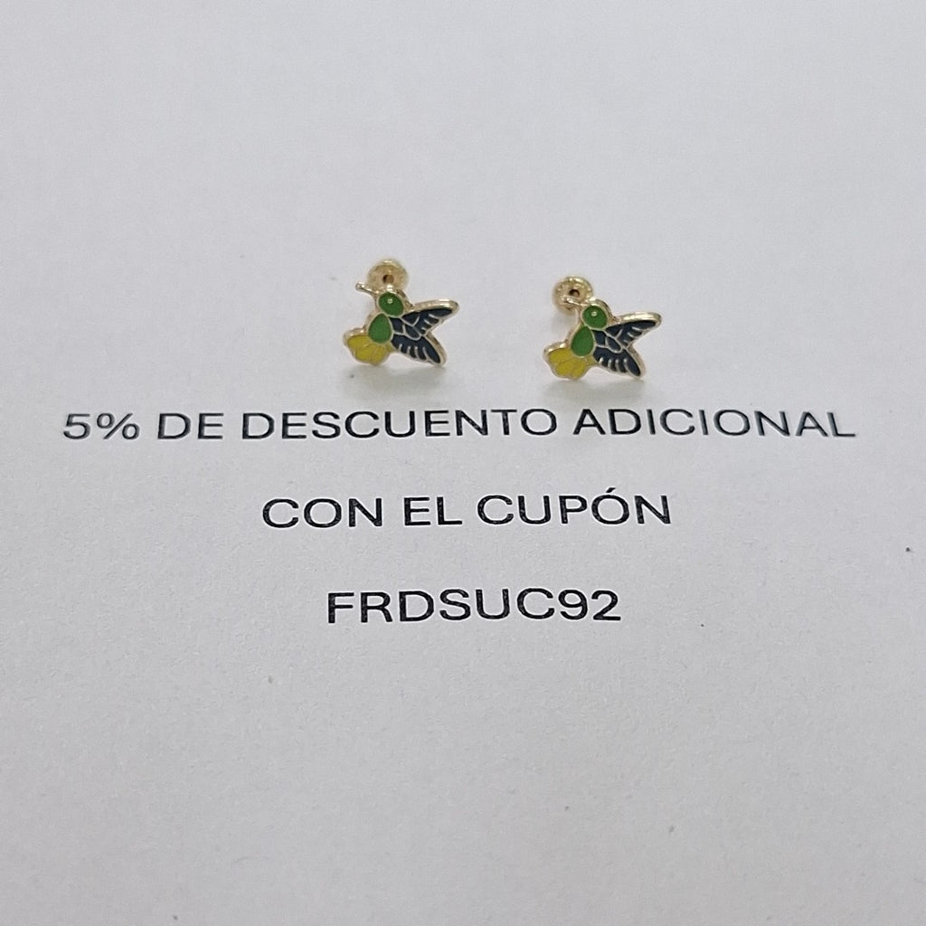BROQUELES BROQUEL FIG COLIBRI ESMALTE VERDE 14K 0.2138 GR (NUEVO)