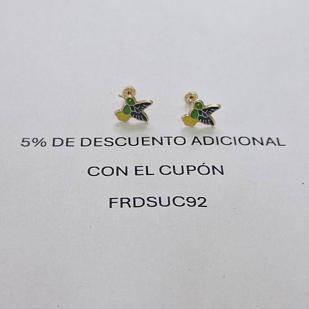 BROQUELES BROQUEL FIG COLIBRI ESMALTE VERDE 14K 0.2138 GR (NUEVO)