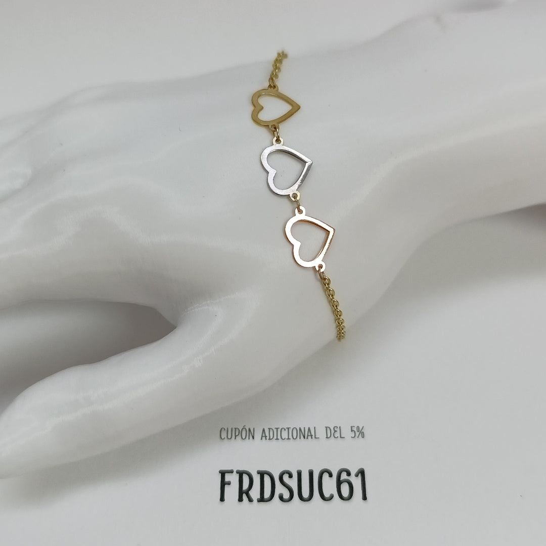 PULSERA ESPECIAL CON CORAZONES 14K 18 CM 1.4 GR (NUEVO)