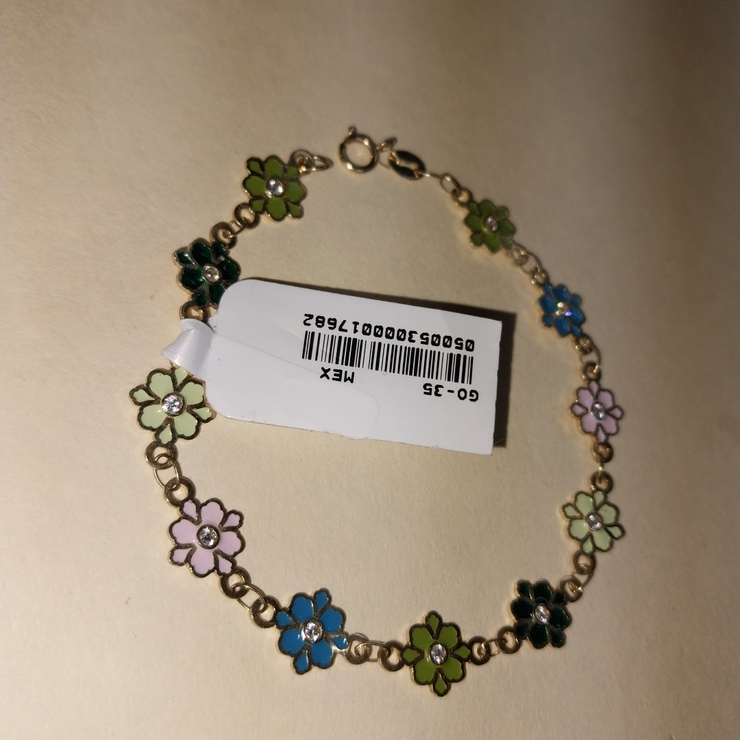 PULSERA ESPECIAL FLORES CON ESMALTE 14K 18 CM 4.6 GR (NUEVO)