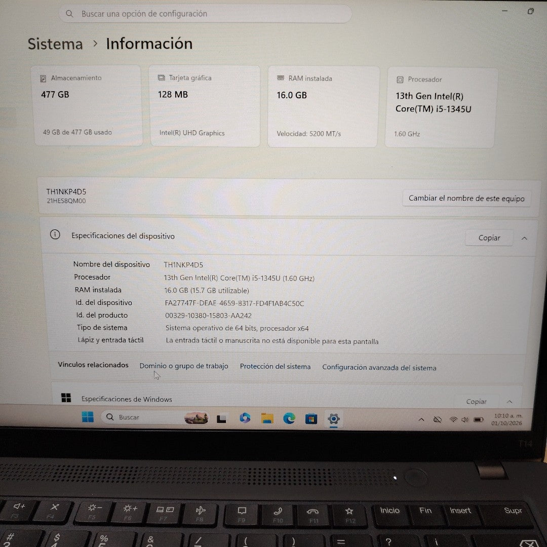 LAPTOP LENOVO THINKPAD T14 GEN 4 (2024) 512 GB SSD 16 GB RAM (SEMINUEVO)