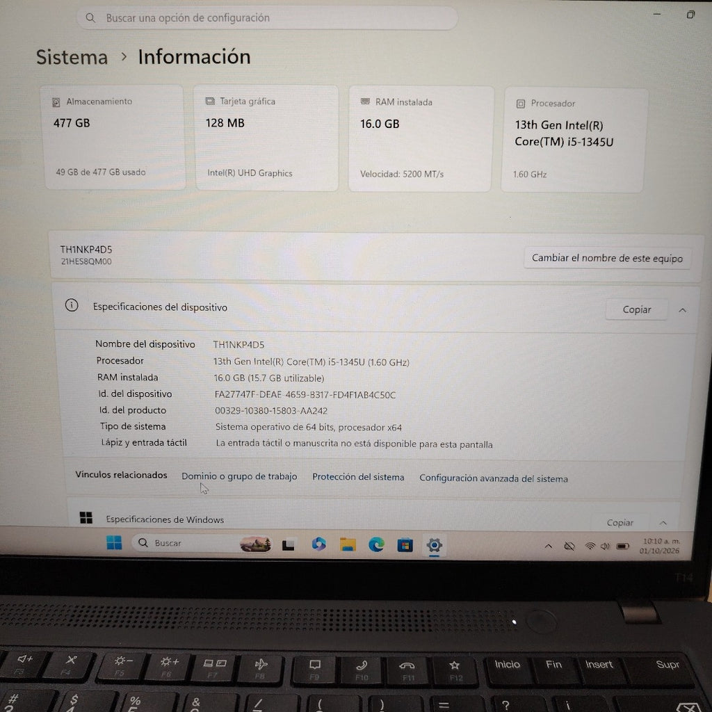 LAPTOP LENOVO THINKPAD T14 GEN 4 (2024) 512 GB SSD 16 GB RAM (SEMINUEVO)