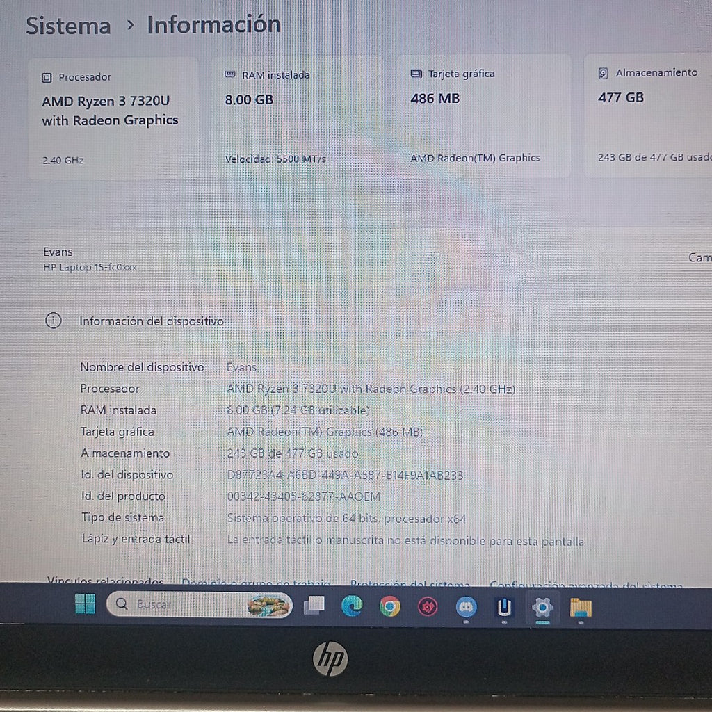 LAPTOP HP 15-FC0000LA(2024) 512 GB SSD 8 GB RAM (SEMINUEVO)