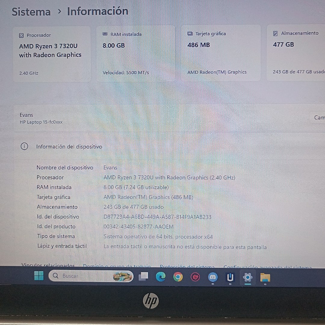 LAPTOP HP 15-FC0000LA(2024) 512 GB SSD 8 GB RAM (SEMINUEVO)