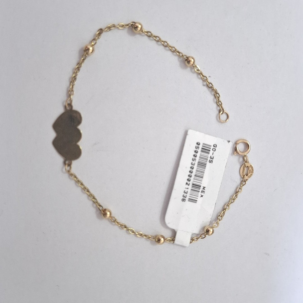 PULSERA TEJIDO ESPECIAL CON DOS CORAZONES 14K 18 CM 1.7 GR (NUEVO)