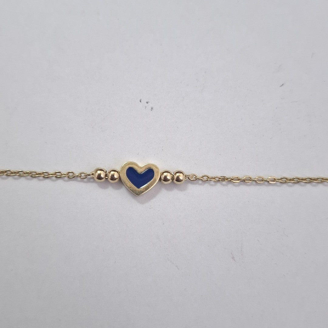 PULSERA TEJIDO ESPECIAL CON FIGURA CORAZON CON ESMALTE AZUL 14K 18 CM 2 GR (NUEVO)