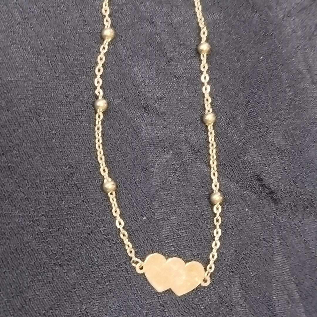 PULSERA TEJIDO ESPECIAL CON DOS CORAZONES 14K 18 CM 1.7 GR (NUEVO)