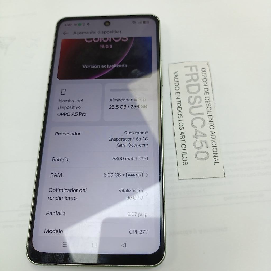CELULAR OPPO A5 PRO CPH2711 (2025) 256 GB 8 GB RAM (SEMINUEVO)