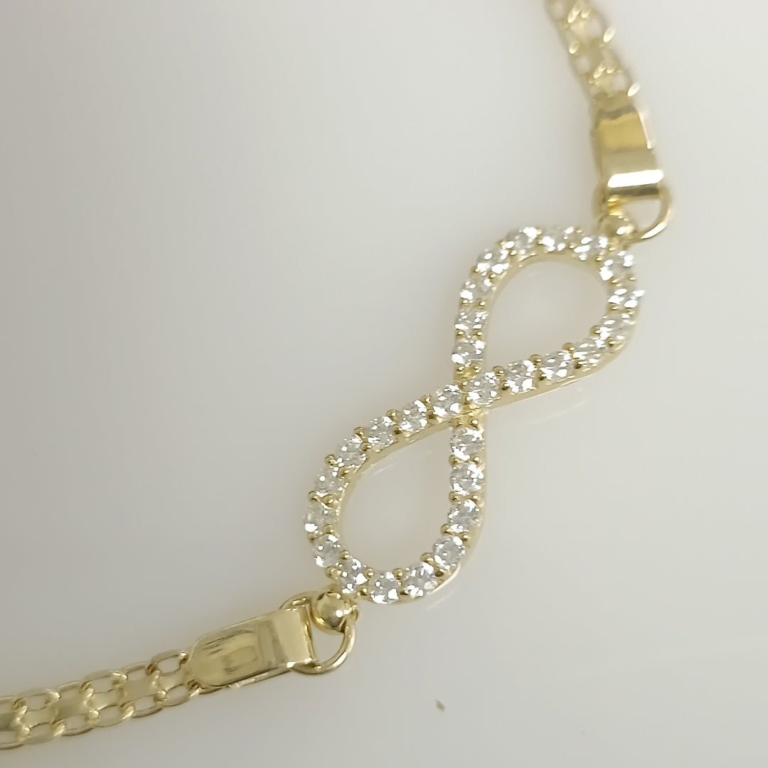 PULSERA TEJIDO ESPECIAL CON INFINITO Y CIRCONIAS 14K 18 CM 3.3 GR (NUEVO)