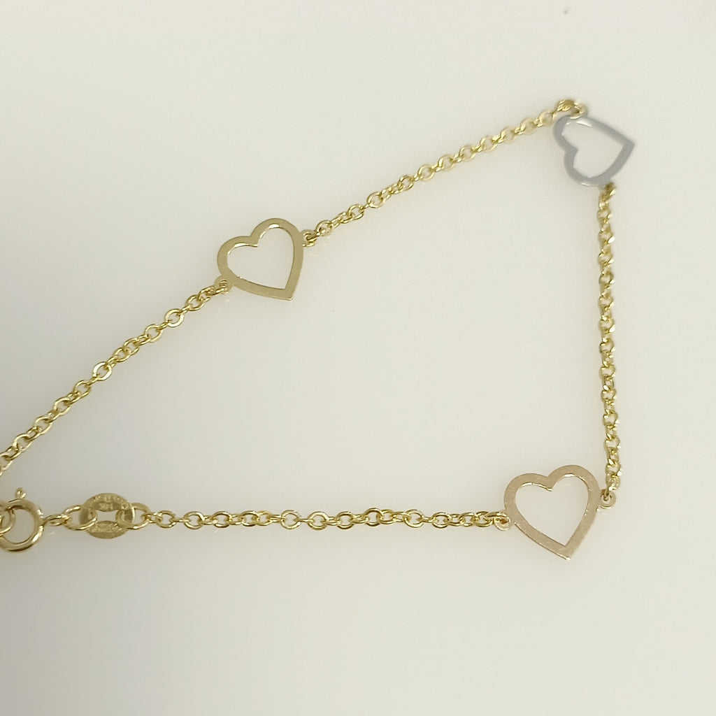 PULSERA ESPECIAL CON CORAZONES CONBINADOS 14K 18 CM 1.7 GR (NUEVO)