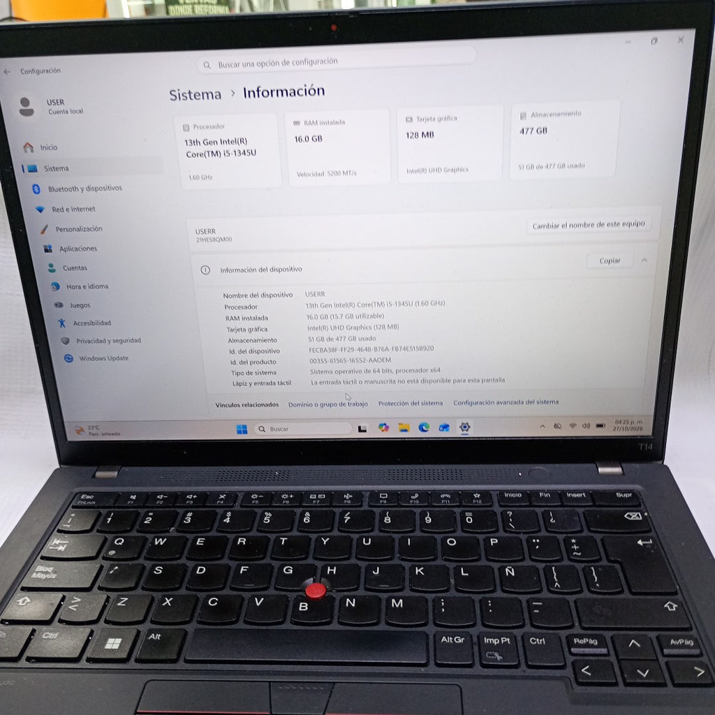 LAPTOP LENOVO THINKPAD T14 GEN 4 (2024) 512 GB SSD 16 GB RAM (SEMINUEVO)