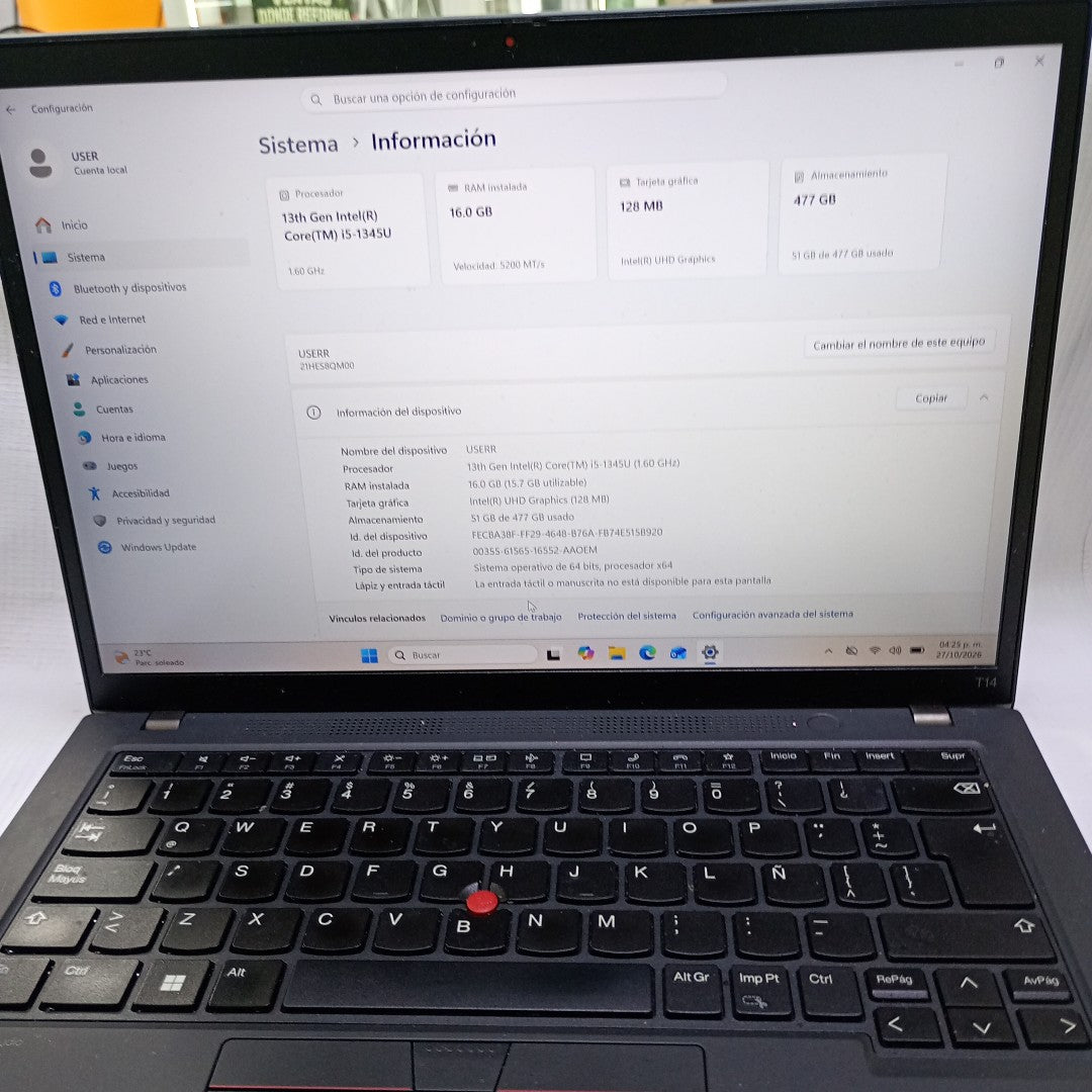 LAPTOP LENOVO THINKPAD T14 GEN 4 (2024) 512 GB SSD 16 GB RAM (SEMINUEVO)