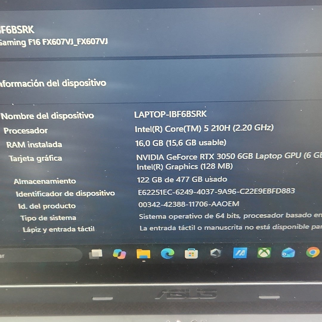 LAPTOP ASUS TUF GAMING F16 FX607VJ-RL024W (2025) 512 GB SSD 16 GB RAM (SEMINUEVO)