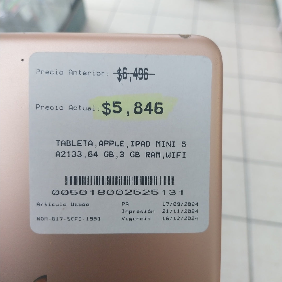 TABLETA APPLE IPAD MINI 5 A2133 64 GB 3 GB RAM (SEMINUEVO)