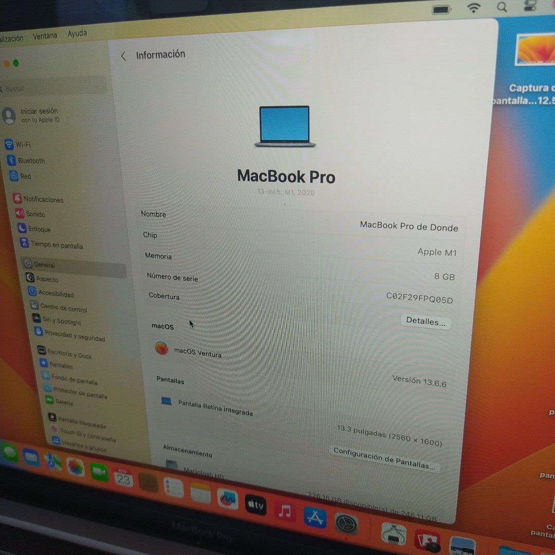 LAPTOP APPLE MACBOOK PRO 13" 2020 3.2 A2338 256 GB SSD 8 GB RAM (SEMINUEVO)