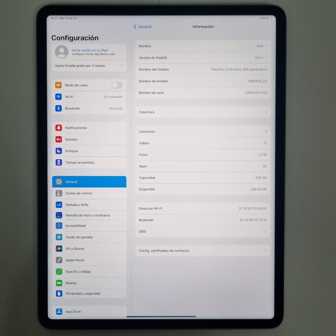 TABLETA APPLE IPAD PRO 6 12.9&quot; A2436 256 GB 8 GB RAM (SEMINUEVO)