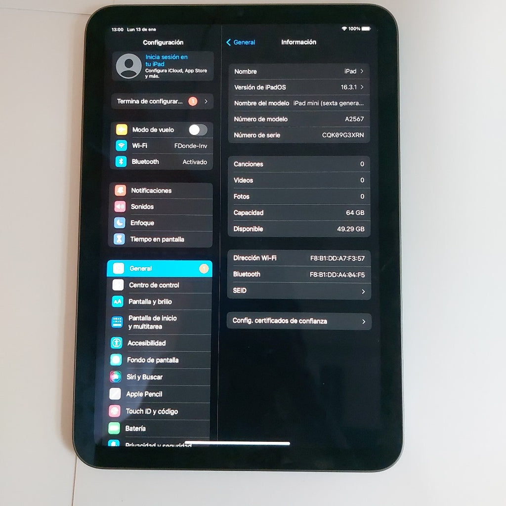 TABLETA APPLE IPAD MINI 6 A2567 64 GB 4 GB RAM (SEMINUEVO)