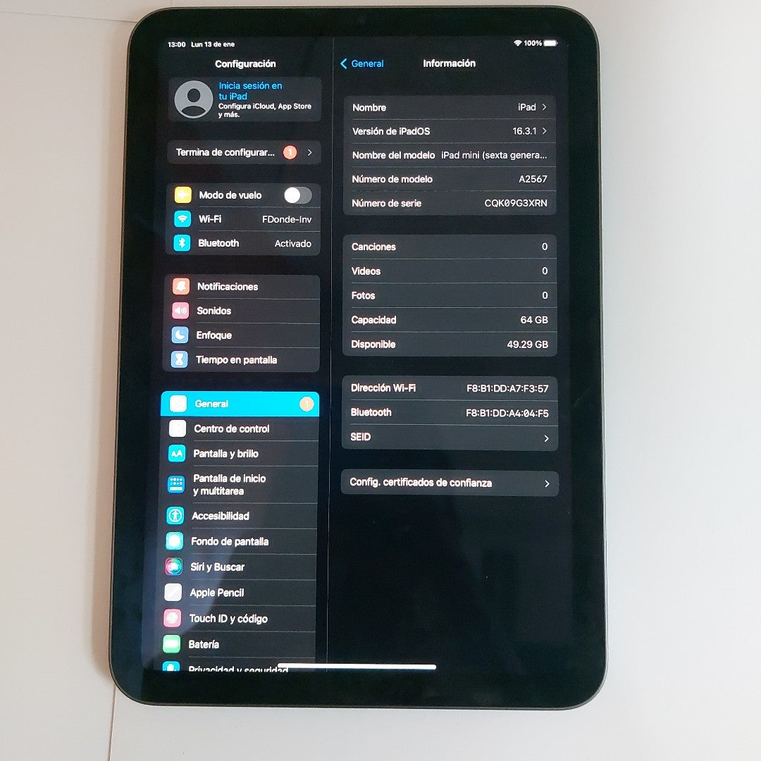 TABLETA APPLE IPAD MINI 6 A2567 64 GB 4 GB RAM (SEMINUEVO)