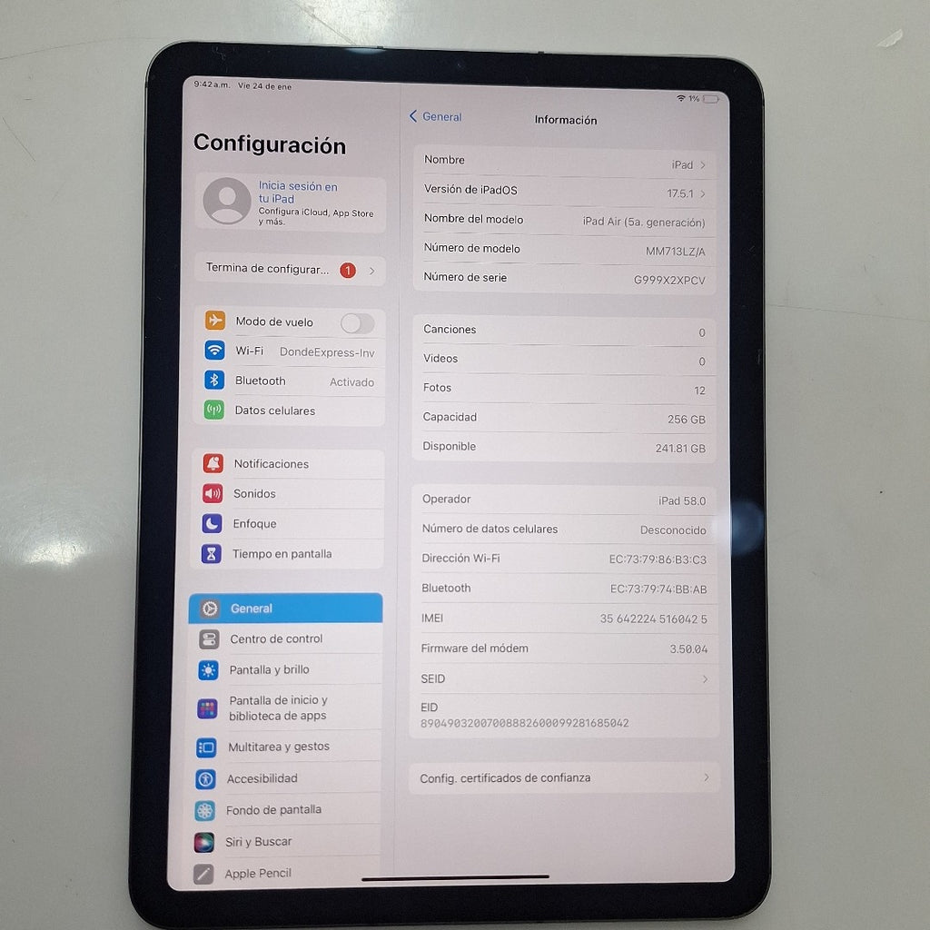 TABLETA APPLE IPAD AIR 5 A2589 256 GB 8 GB RAM (SEMINUEVO)