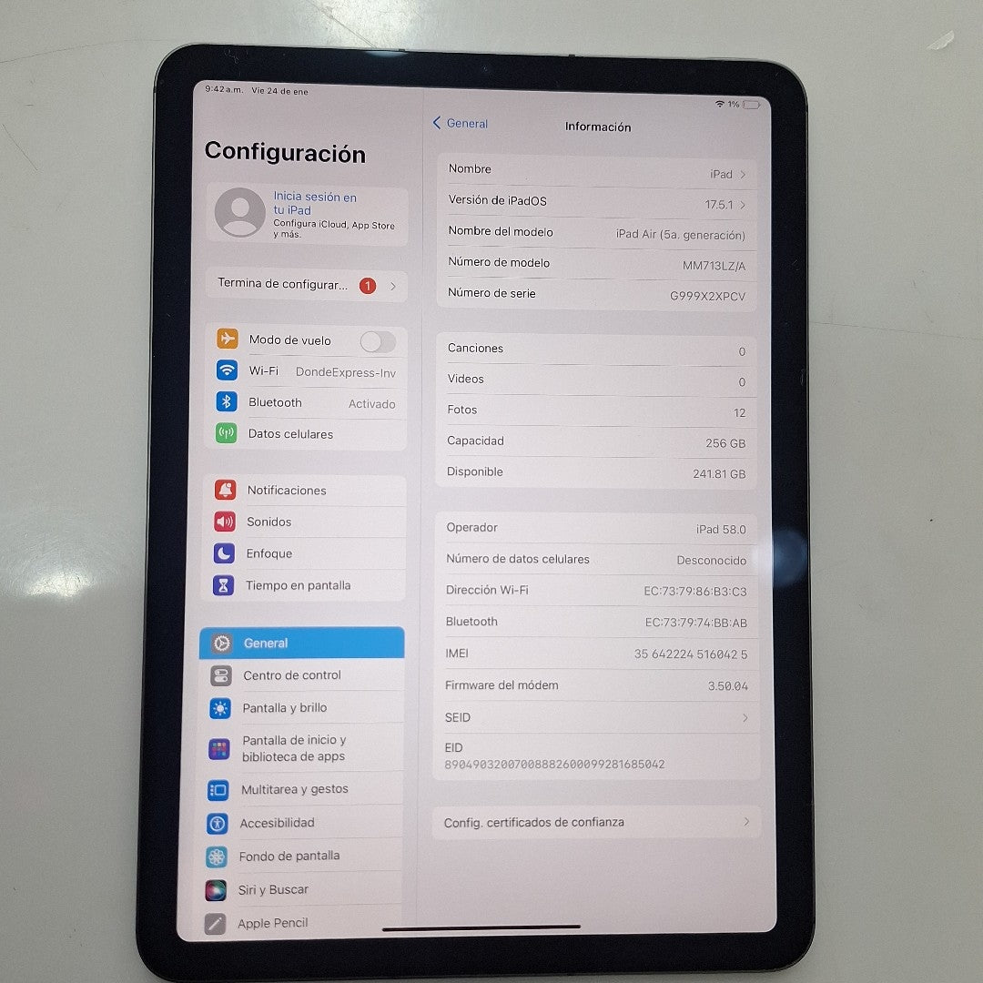 TABLETA APPLE IPAD AIR 5 A2589 256 GB 8 GB RAM (SEMINUEVO)