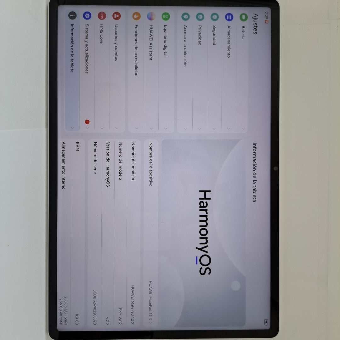 TABLETA HUAWEI MATEPAD 12X BKY-W09(2024) 256 GB 8 GB RAM (SEMINUEVO)