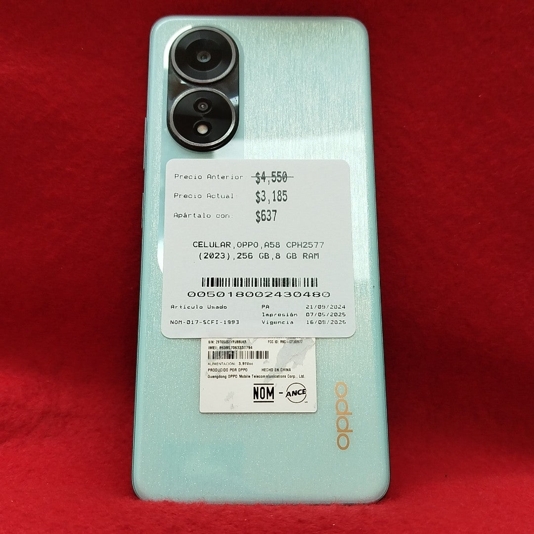 CELULAR OPPO  A58 CPH2577 (2023) 256 GB 8 GB RAM (SEMINUEVO)
