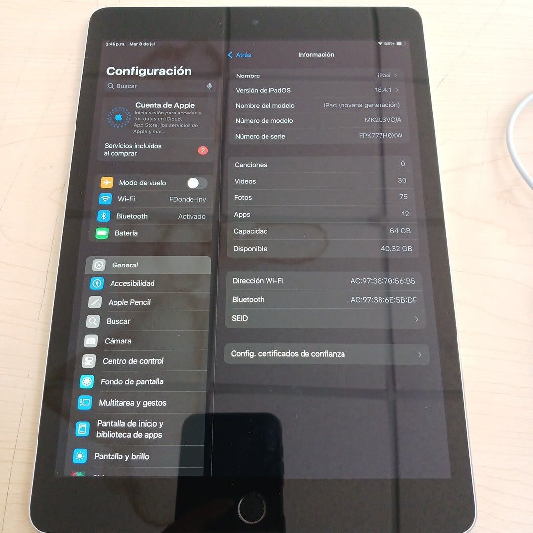 TABLETA APPLE IPAD 9 A2602 64 GB 3 GB RAM (SEMINUEVO)