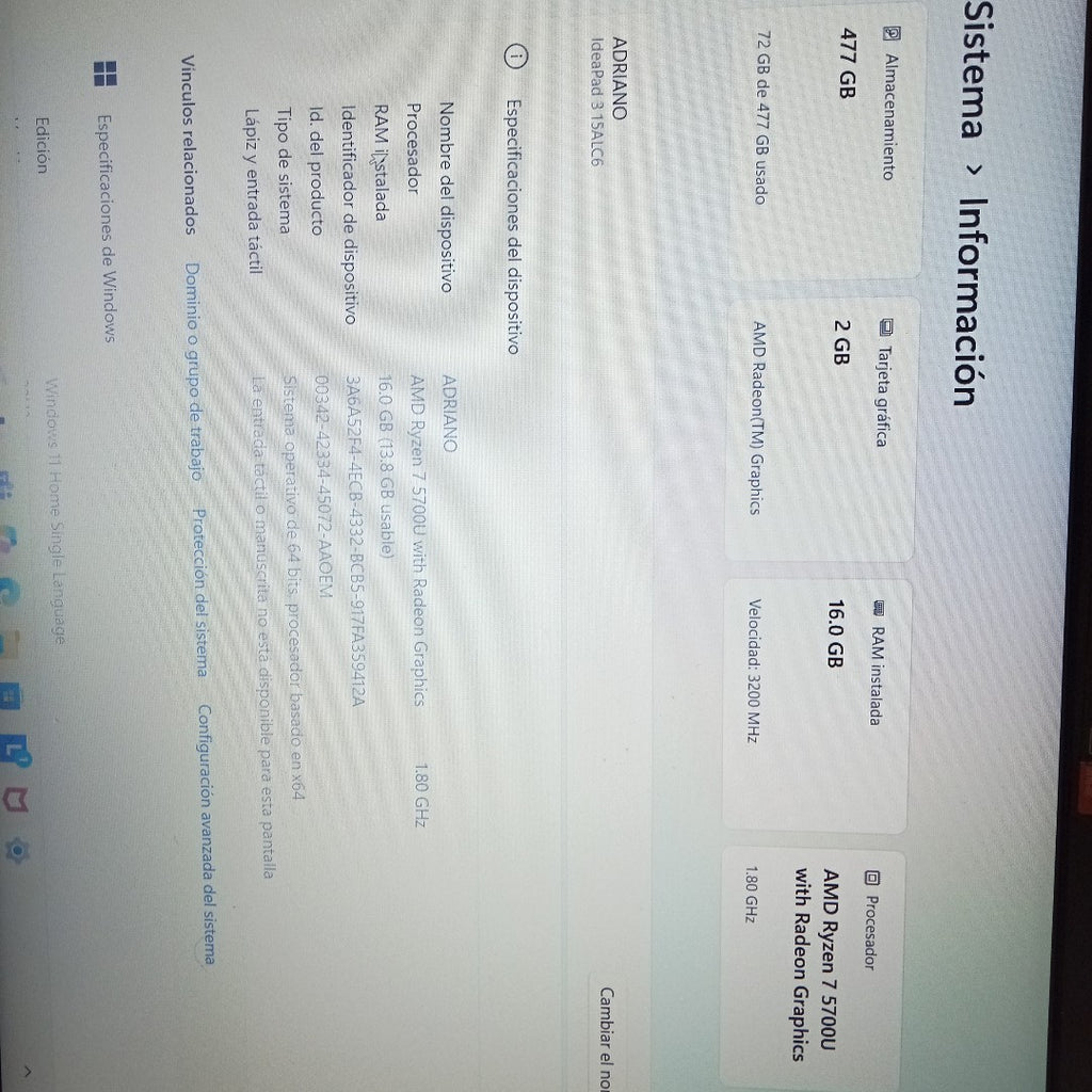 LAPTOP LENOVO IDEAPAD 3 15ALC6 (2023) 512 GB SSD 16 GB RAM (SEMINUEVO)