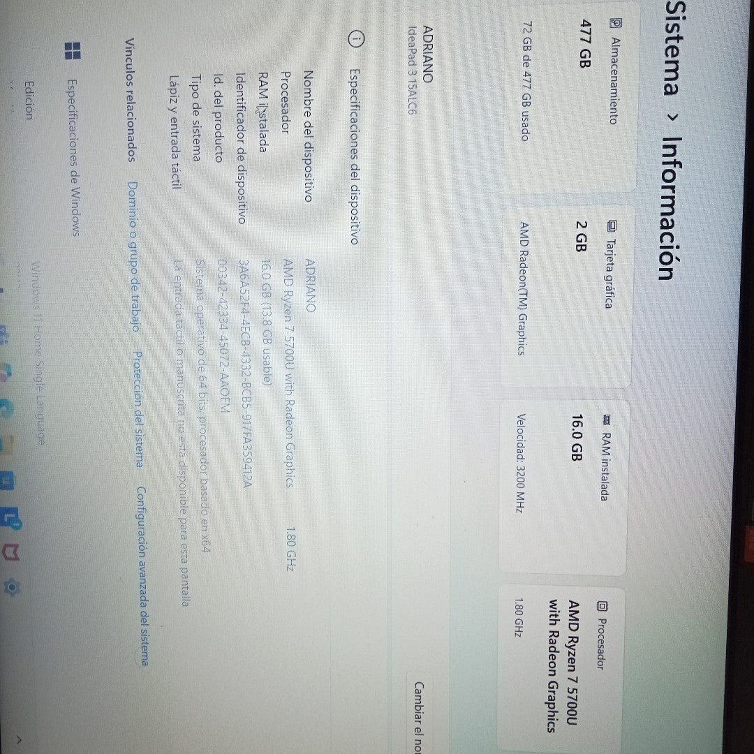 LAPTOP LENOVO IDEAPAD 3 15ALC6 (2023) 512 GB SSD 16 GB RAM (SEMINUEVO)