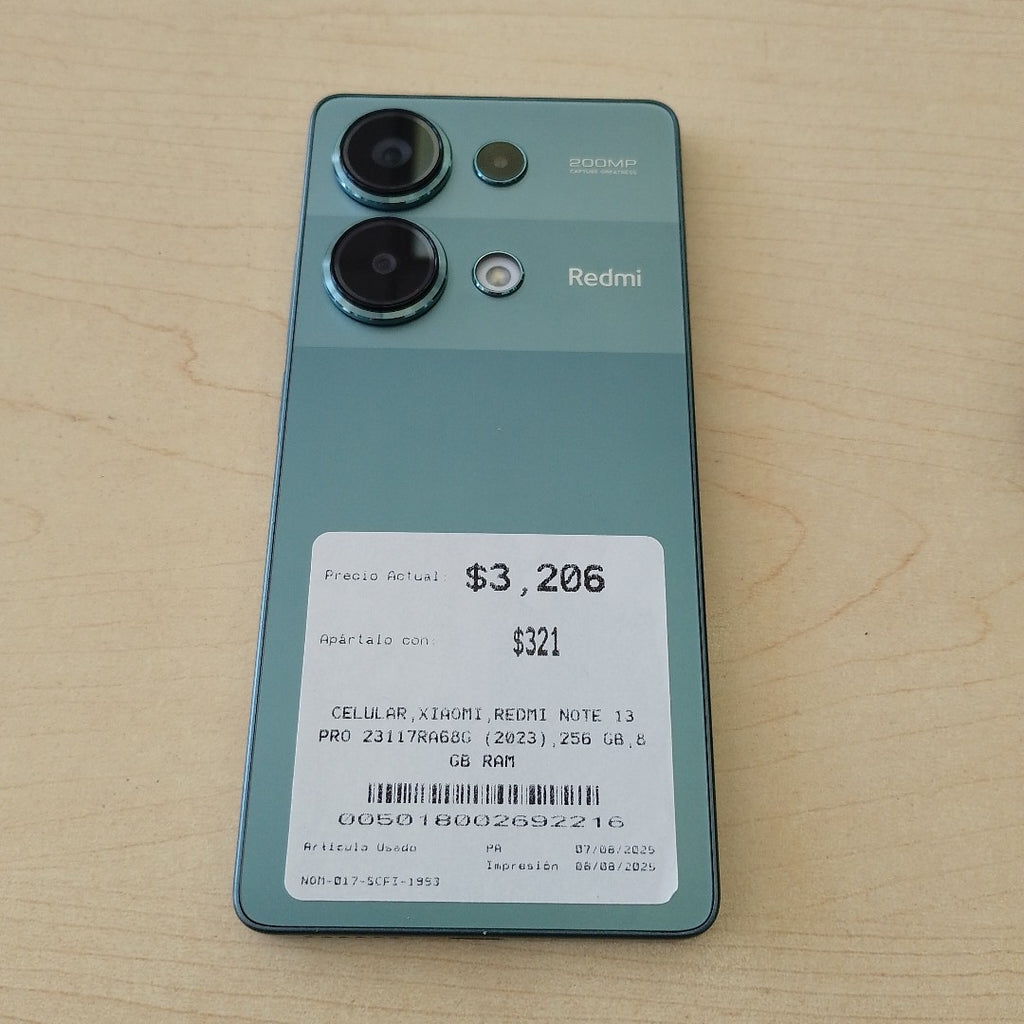 CELULAR XIAOMI REDMI NOTE 13 PRO 23117RA68G (2023) 256 GB 8 GB RAM (SEMINUEVO)