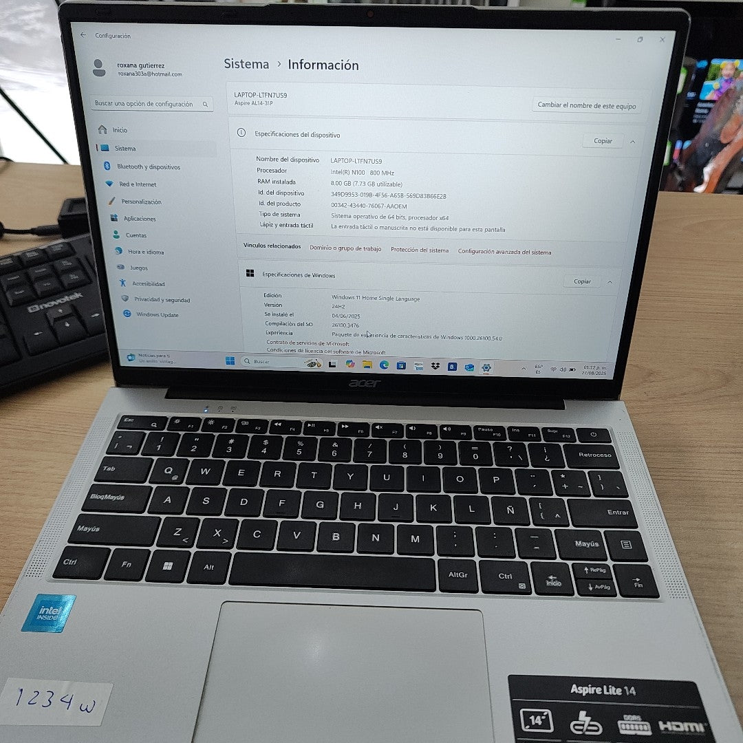 LAPTOP ACER ASPIRE LITE 14 AL14-31P-C0S2 (2024) 256 GB SSD 8 GB RAM (SEMINUEVO)