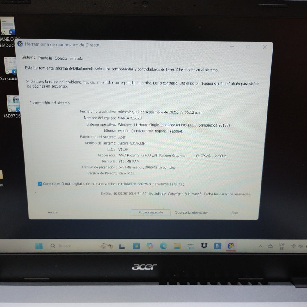 LAPTOP ACER ASPIRE 3 A314-23P-R4HZ (2024) 256 GB SSD 8 GB RAM (SEMINUEVO)