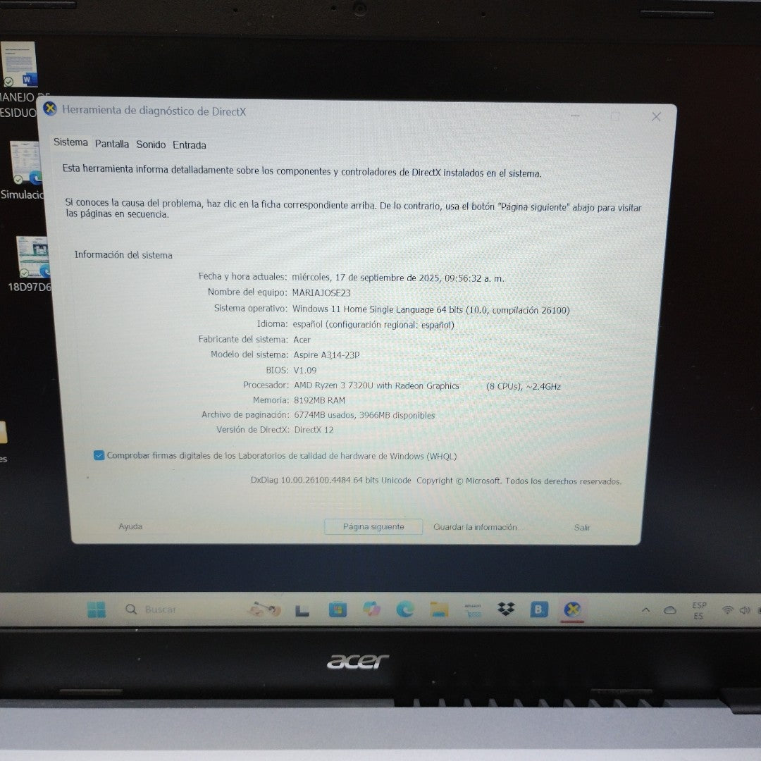 LAPTOP ACER ASPIRE 3 A314-23P-R4HZ (2024) 256 GB SSD 8 GB RAM (SEMINUEVO)