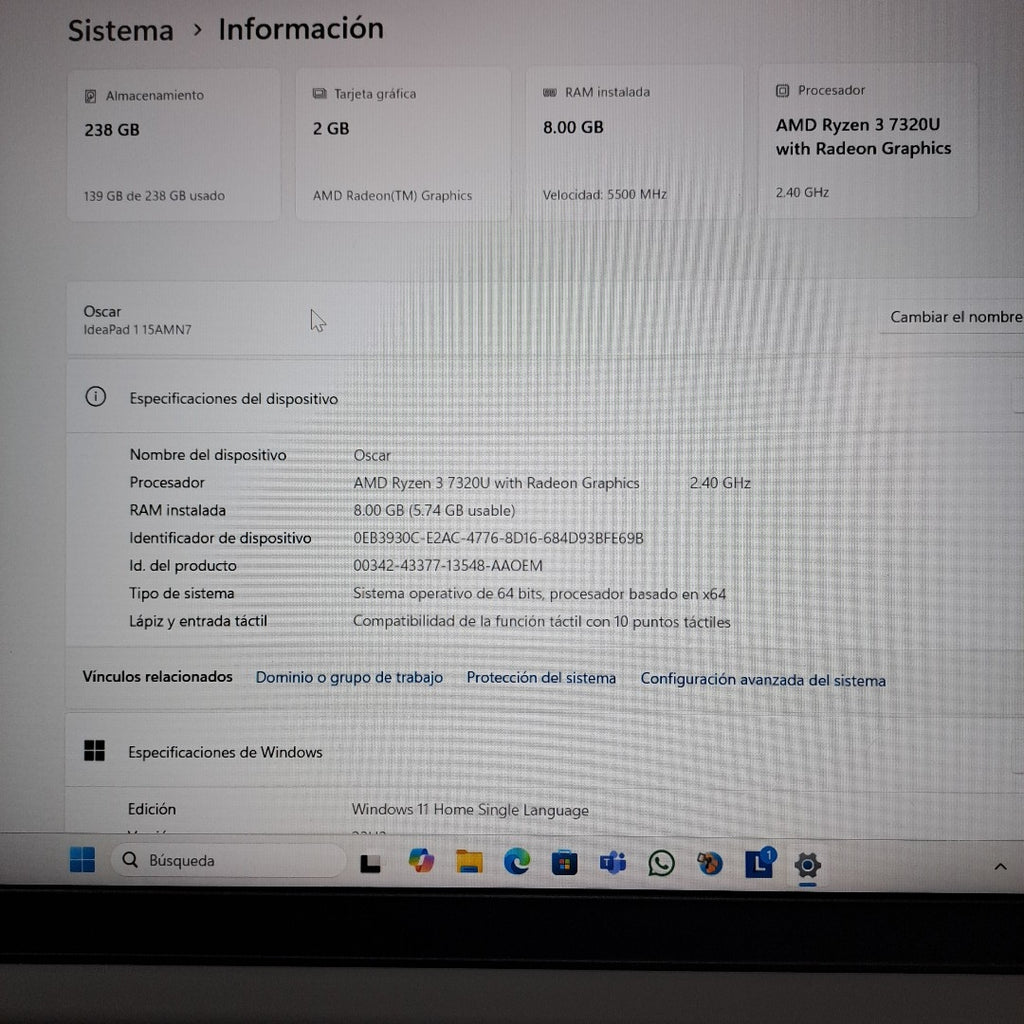 LAPTOP LENOVO IDEAPAD 1 15AMN7 (2023) 256 GB SSD 8 GB RAM (SEMINUEVO)