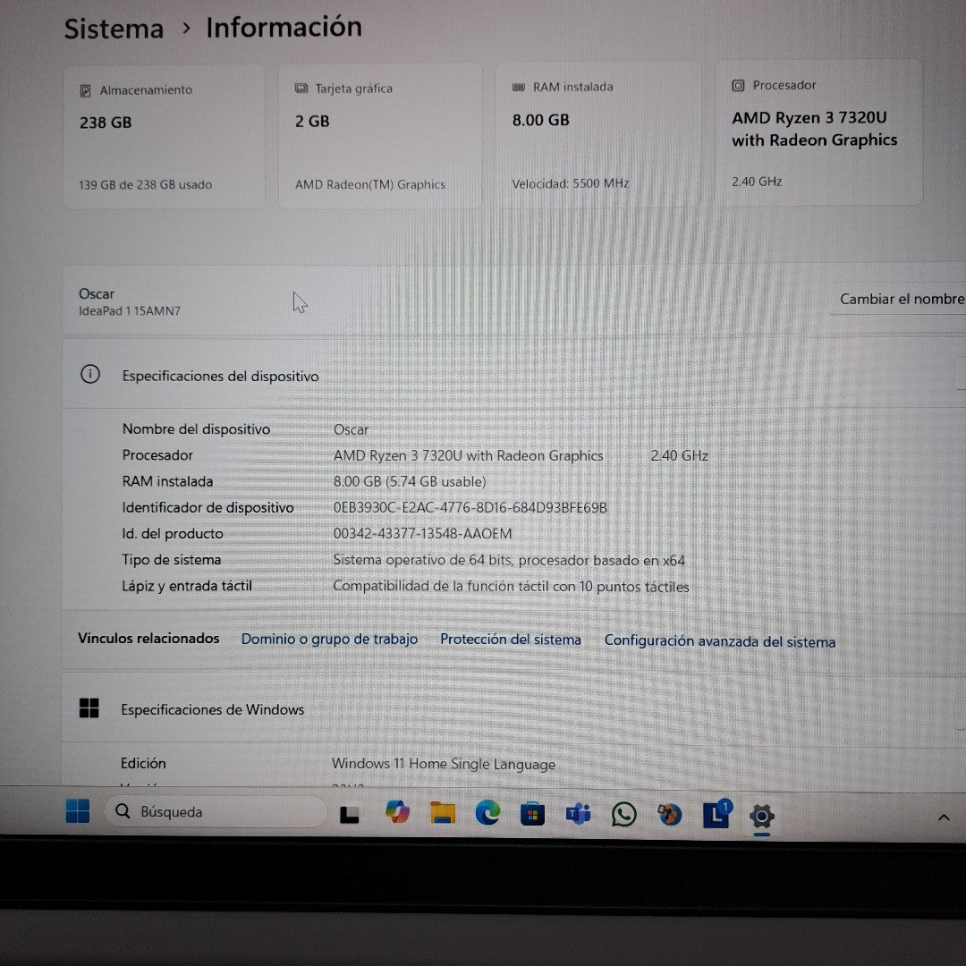 LAPTOP LENOVO IDEAPAD 1 15AMN7 (2023) 256 GB SSD 8 GB RAM (SEMINUEVO)