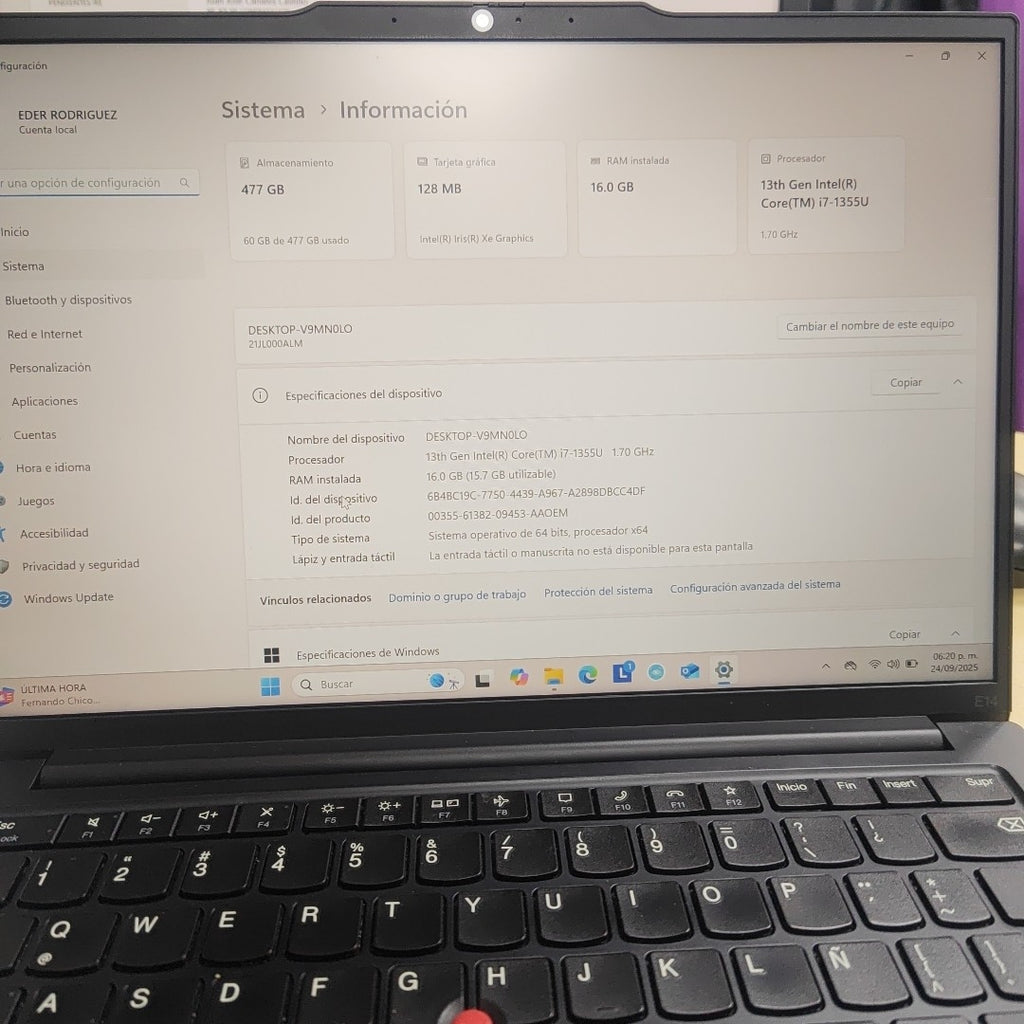 LAPTOP LENOVO THINKPAD E14 GEN 5 (2024) 512 GB SSD 16 GB RAM (SEMINUEVO)