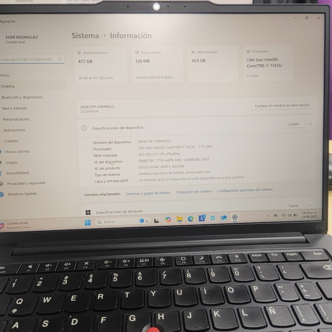 LAPTOP LENOVO THINKPAD E14 GEN 5 (2024) 512 GB SSD 16 GB RAM (SEMINUEVO)