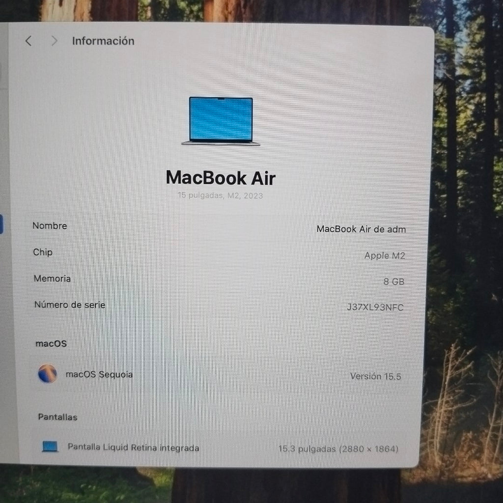 LAPTOP APPLE MACBOOK AIR 15" 2023 3.49 A2941 8 CPU/10 GPU 512 GB SSD 8 GB RAM (SEMINUEVO)