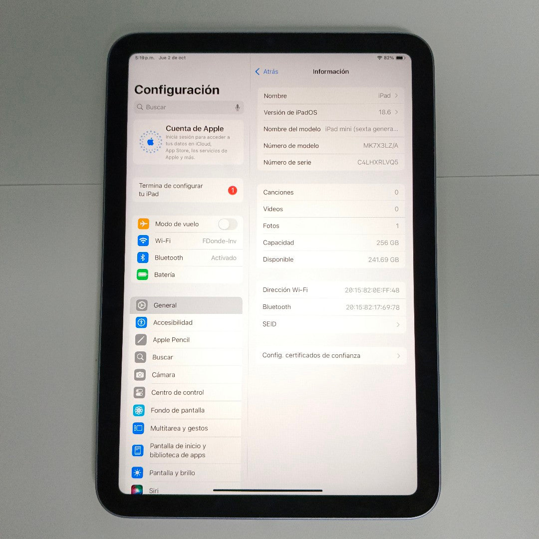 TABLETA APPLE IPAD MINI 6 A2567 256 GB 4 GB RAM