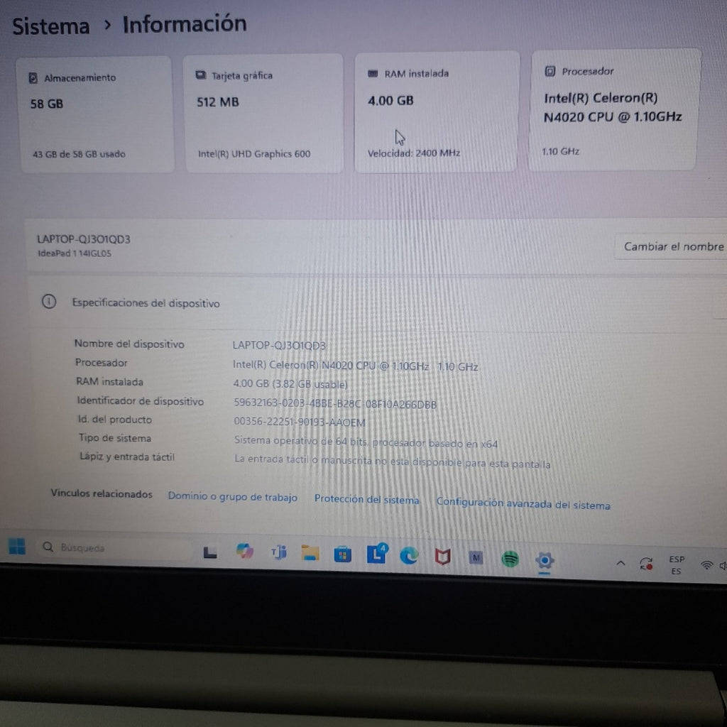 LAPTOP LENOVO IDEAPAD 1 14IGL05 (2022) 64 GB SSD 4 GB RAM (SEMINUEVO)