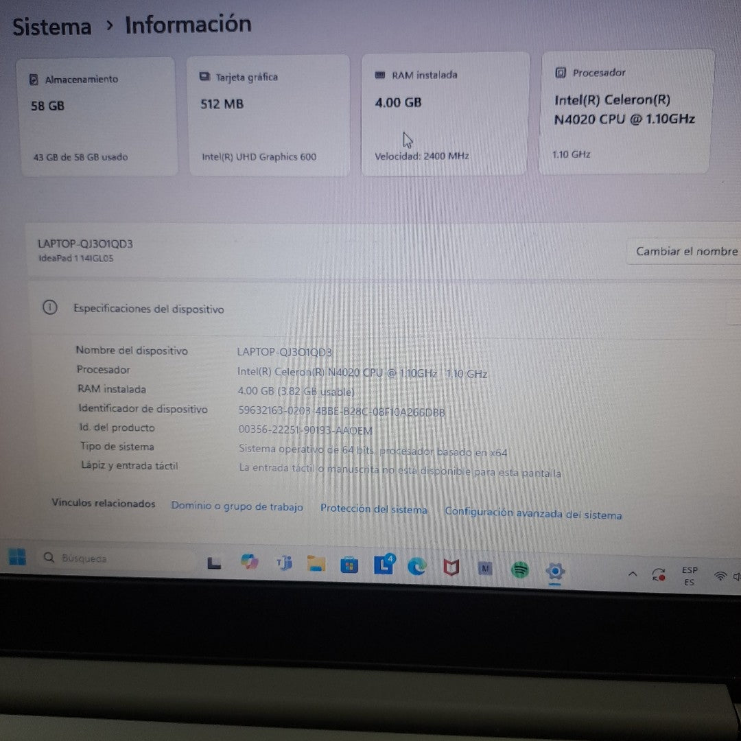 LAPTOP LENOVO IDEAPAD 1 14IGL05 (2022) 64 GB SSD 4 GB RAM (SEMINUEVO)