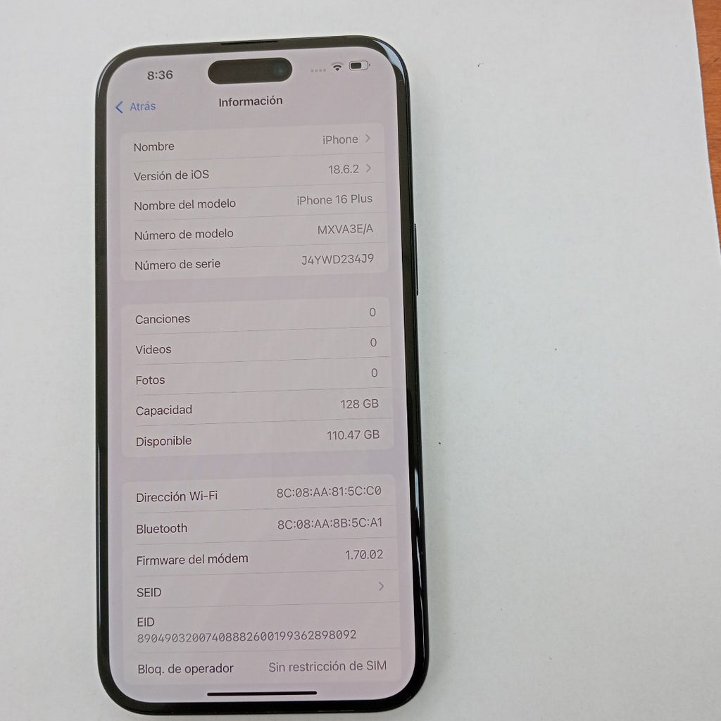CELULAR APPLE IPHONE 16 PLUS A3289 (2024) 128 GB 8 GB RAM (SEMINUEVO)