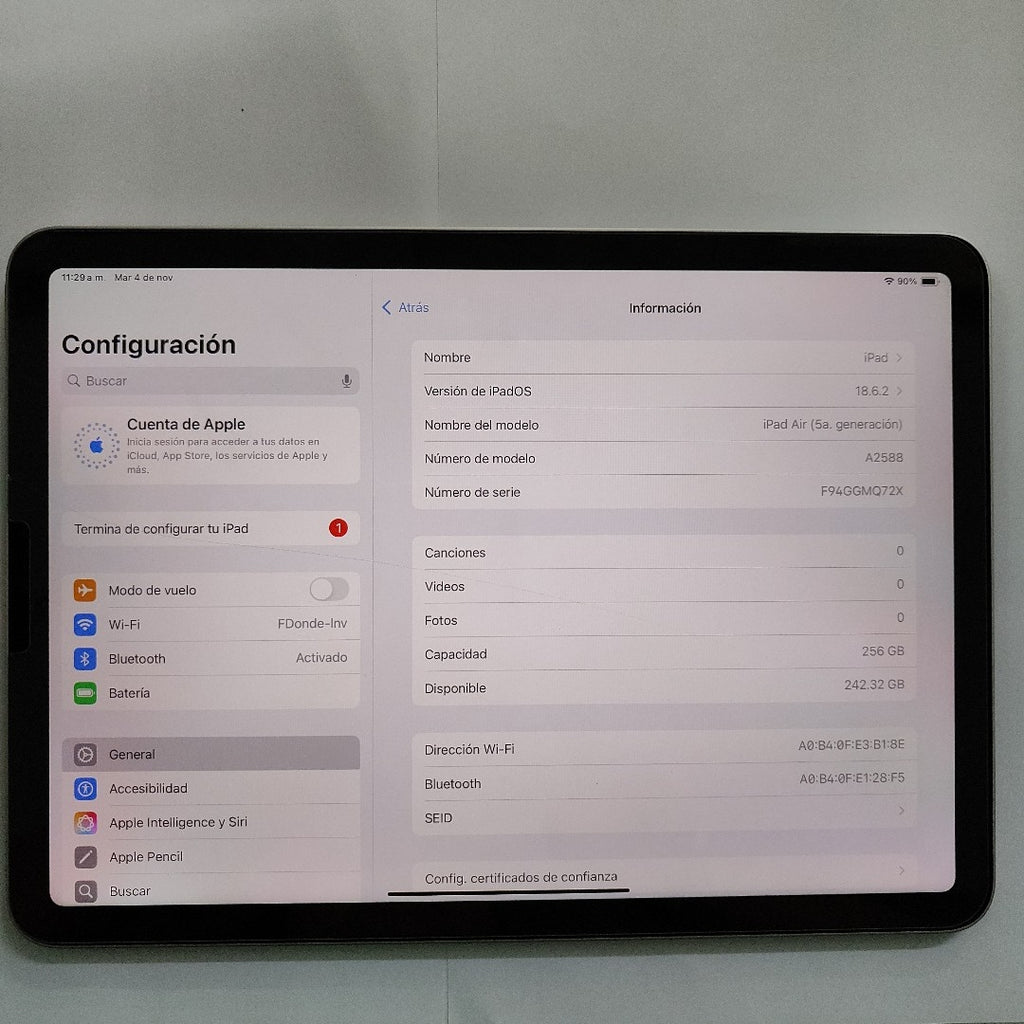 TABLETA APPLE IPAD AIR 5 A2588 256 GB 8 GB RAM (SEMINUEVO)