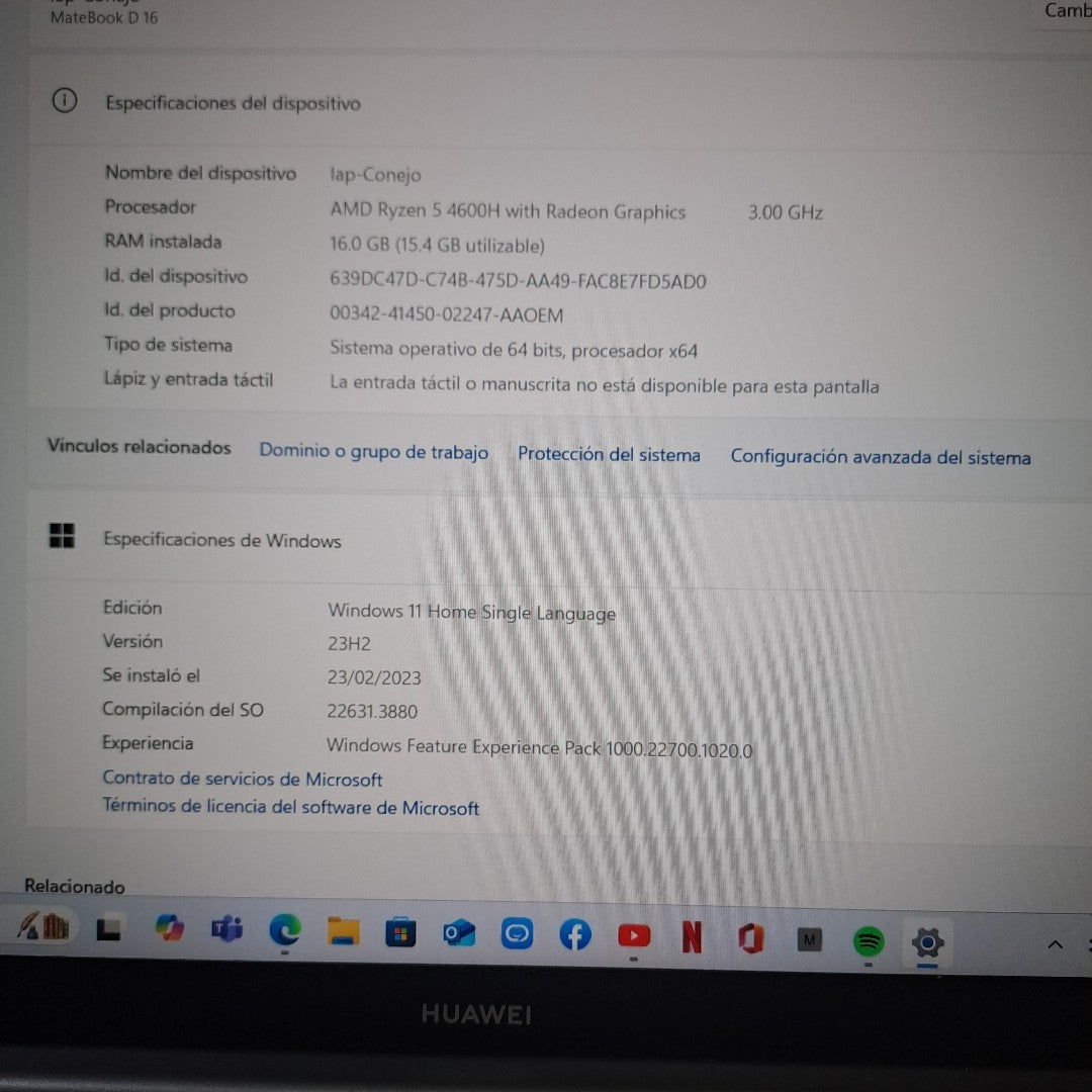 LAPTOP HUAWEI MATEBOOK D16 HVY-WAP9 (2022) 512 GB SSD 16 GB RAM (SEMINUEVO)